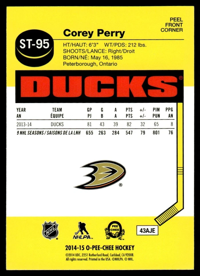 2014-15 O-Pee-Chee Stickers Corey Perry Anaheim Ducks #ST-95 - Image 2 of 2
