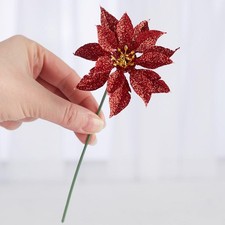 Bulk Package of 24 Artificial Red Glitter Poinsettia 6" Picks
