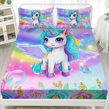 Kid Unicorn Fitted Set Twin Size Rainbow Flower Star Pattern Kid Bed Cute Uni...