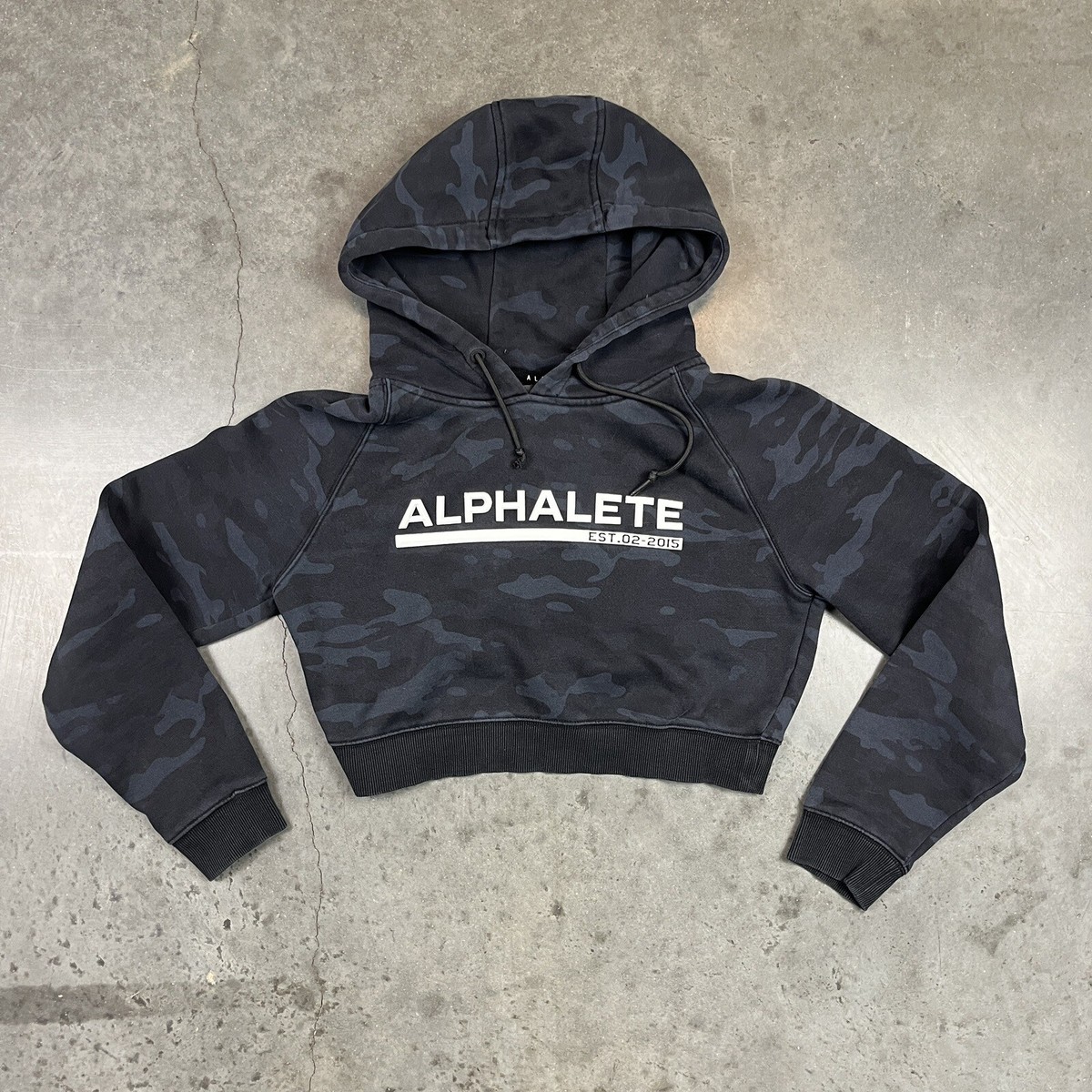 Alphalete Hoodie Womens Small Black Camo Cropped Workout Gym Pullover Long  Sleev