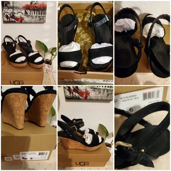 SANDALI UGG AUSTRALIA SUGHERO FORMA PIATTA NERI ZEPPA TACCO ALESSIO Taglia 6