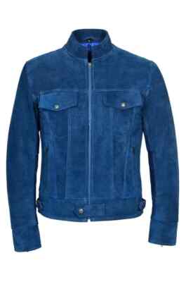 Men's Vintage 100% Genuine Suede Leather Jacket Blue Trucker Stylish Retro Coat