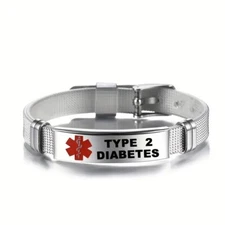 Type 2 Diabetes Medical Alert Bracelet Stainless Steel Wristband Adjustable OSFM