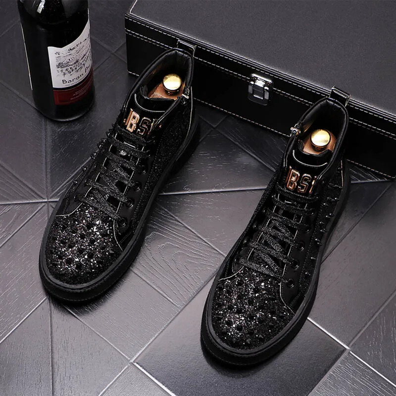 New Luxury Fashion Men Rivet Spike Sequins High Tops Sneakers