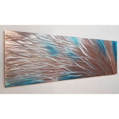 Moderne abstrakte zeitgenössische Wandkunst aus Metall. Wohndeko. Kupfer türkis und silber 