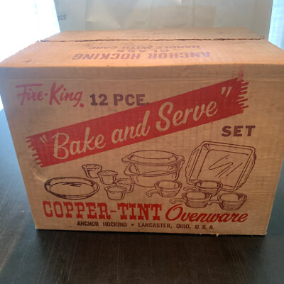 VTG FIRE KING 12 PIECE BAKE AND SERVE COPPER TINT OVENWARE SET FACTORY SEALED