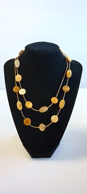 Vtg necklace flat brown polished stones sandwiched between a braided cord 36''