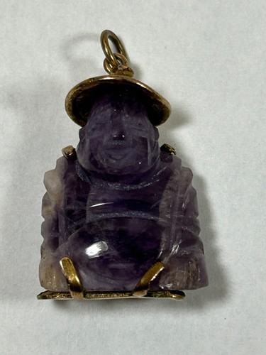 VINTAGE 14 K / AMETHYST BUDDHA WITH A HAT & CRYSTAL PENDENT - Picture 10 of 10