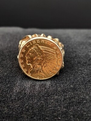 1913 Indian Head American $5 Coin, 14K Yellow Gold Nugget Ring