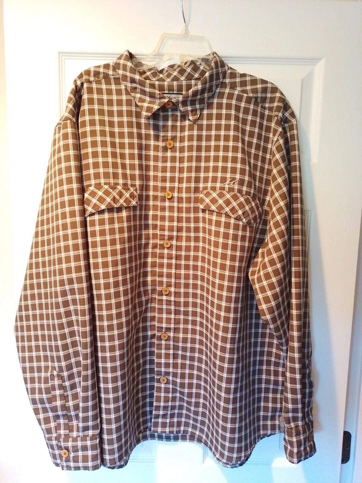 Men's Fishing Shirt 3XL Long Sleeve Brown Checkered Quick Dry Hunting Beach Mojo