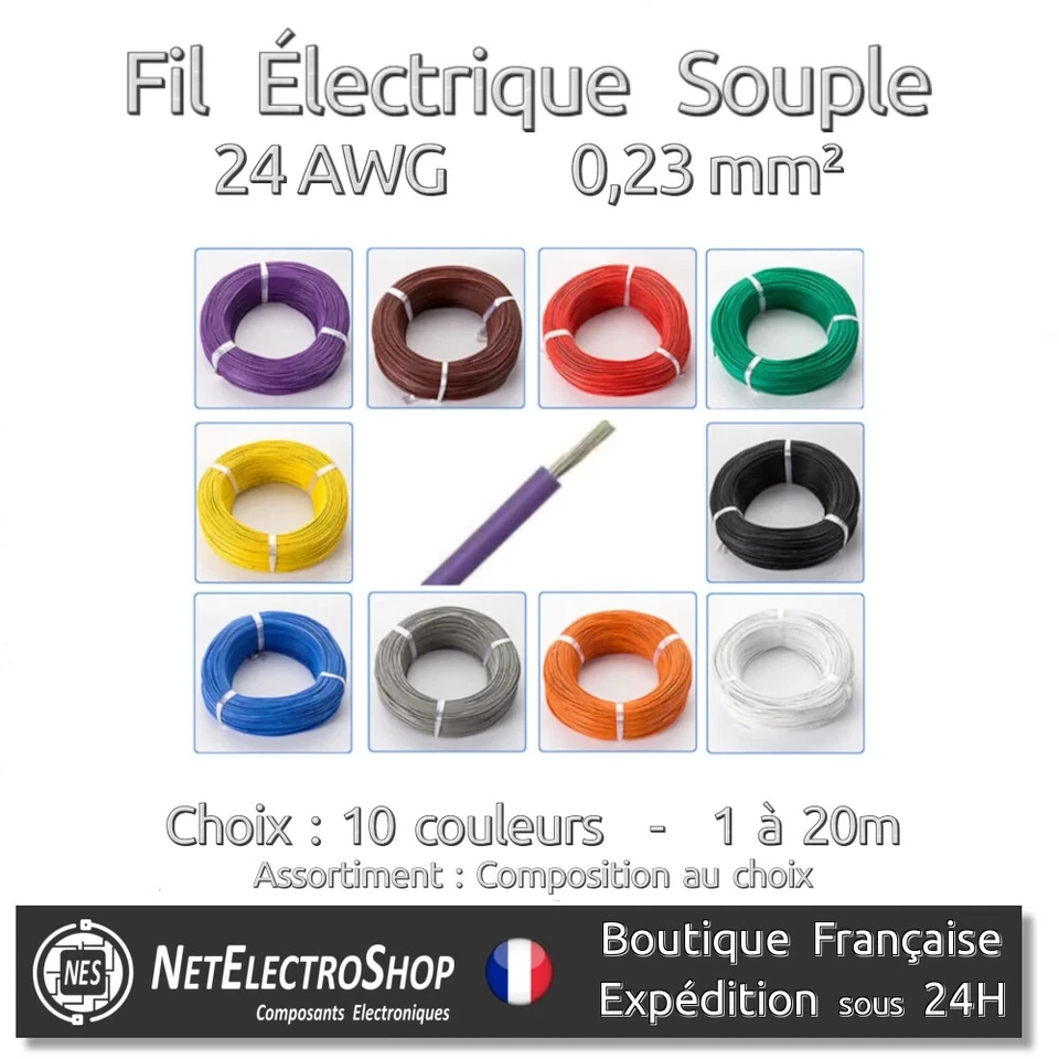 Fil électrique souple 24 AWG 0.23mm² multibrin UL 1007, 10 couleurs, Assortiment