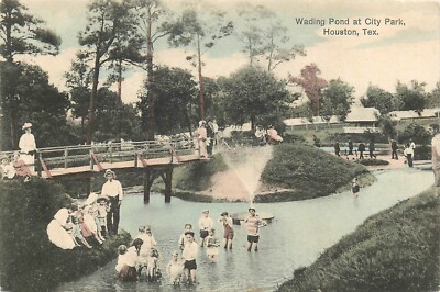 Postcard 1908 Houston Texas Wading Pond City Park people Kress #3020 24-7107