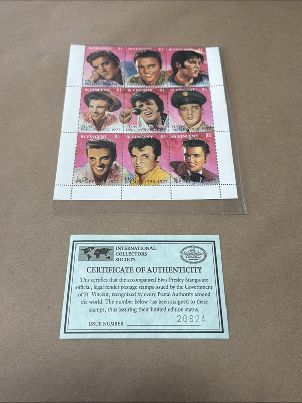 Lot #41 ELVIS PRESLEY. "9" UNUSED "ST. VINCENT" $1 STAMPS. WITH C.O.A. FROM 1992