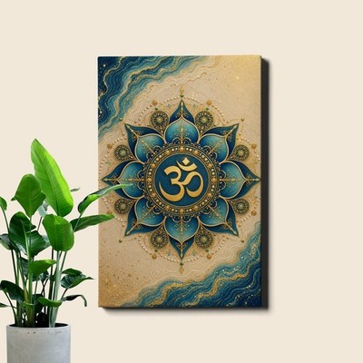 Teal Gold Om Mandala Wall Art Spiritual Geometry Pattern