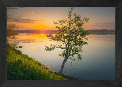 Gerahmtes Wandbild Sonnenuntergang Szene am See Poster Leinwanddruck Bild
