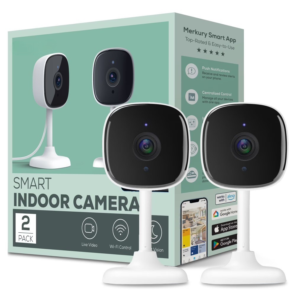 Smart Indoor Camera 1080p - Wi-Fi Security Cam with Night Vision, White (2-Pack)