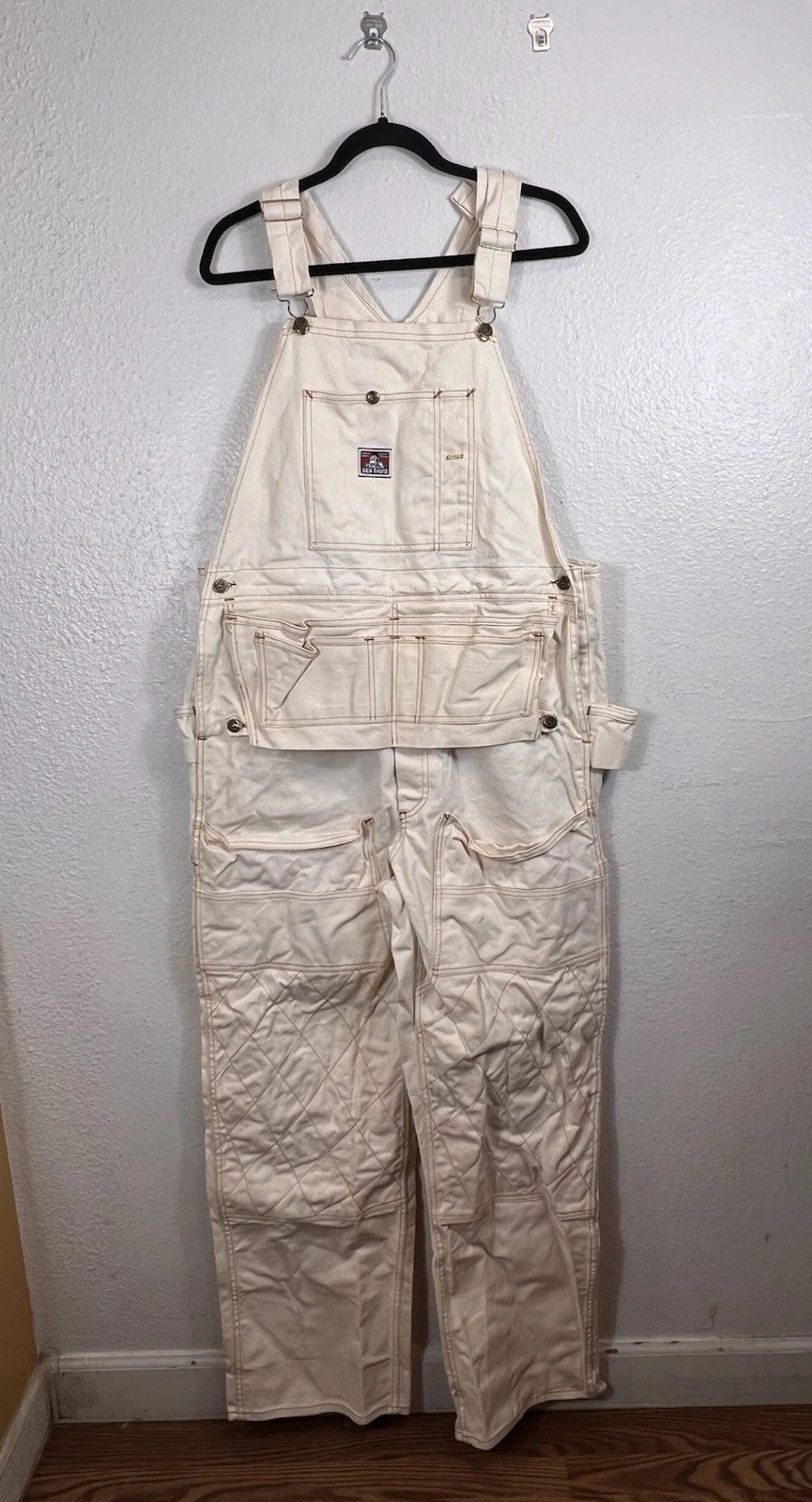 Vtg Ben Davis Union Made 40x33 Natural Double Knee Overalls Diamond Stitch