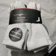 Layer 8 Men's 12 Pair White and Gray Cushion Crew Socks Sizes 10-13 Shoe Sz 6-12