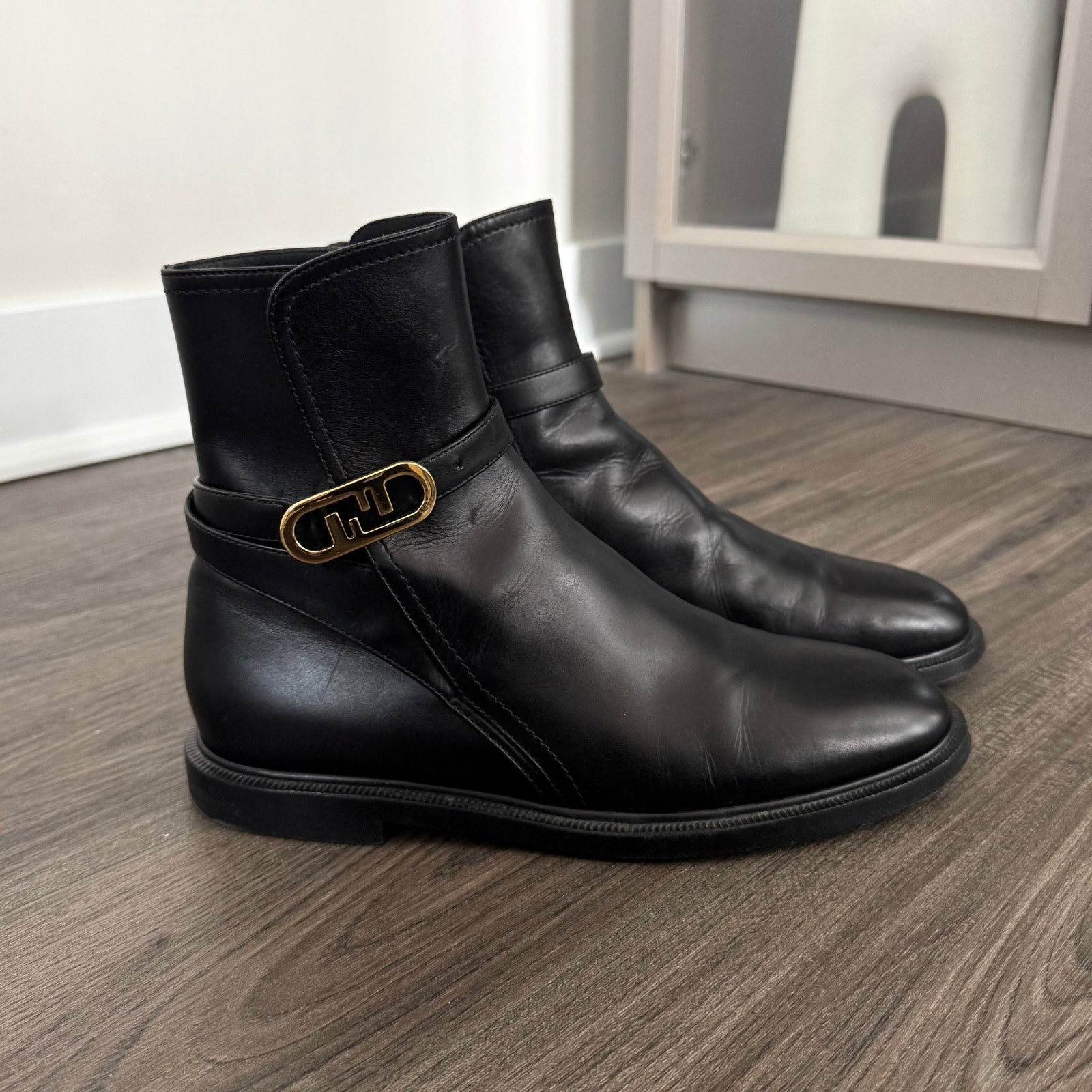 Fendi O'Lock Black Leather Ankle Bootie 37.5 Gold FF Logo Hardware Decor Boots