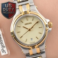 [Near MINT] Vintage GUCCI 9040L 26mm Ivory Gold Dial Date Quartz Women's Watch