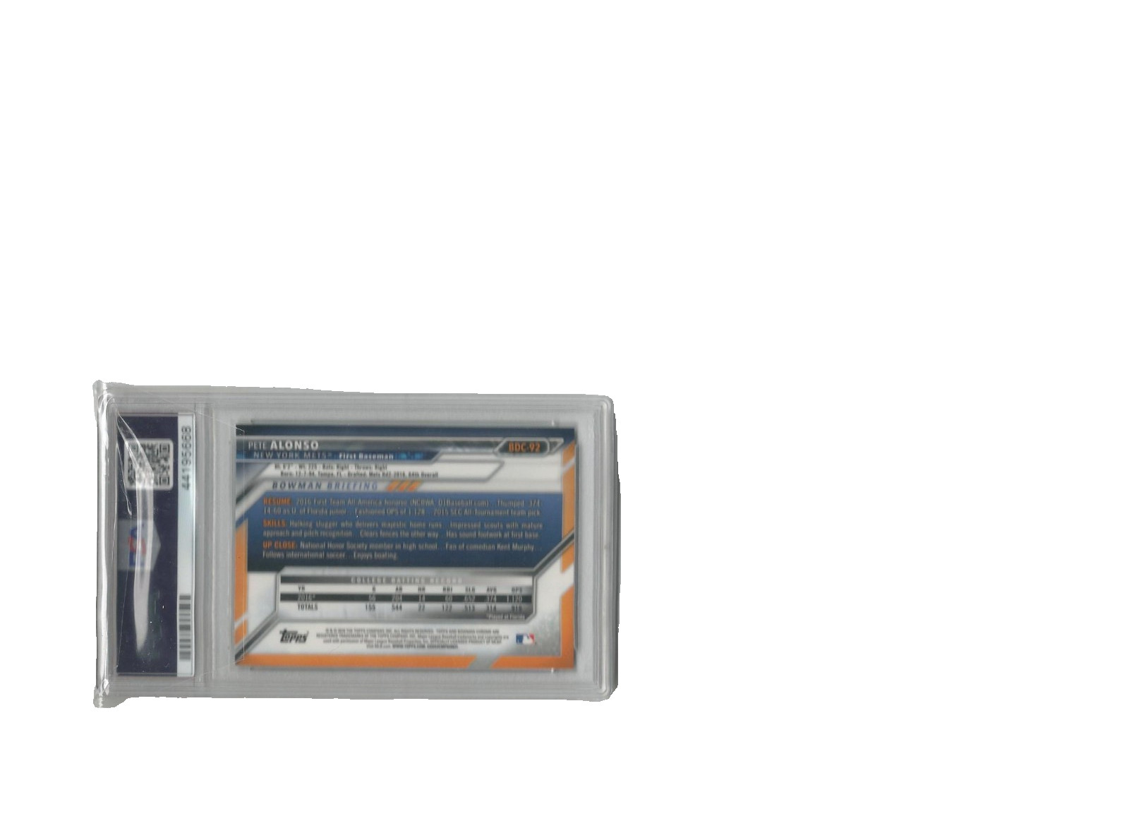 2016 BOWMAN DRAFT; PETE ALONSO, CHROME, #BDC92, ROOKIE CARD, PSA 10, GEM-MINT view 3