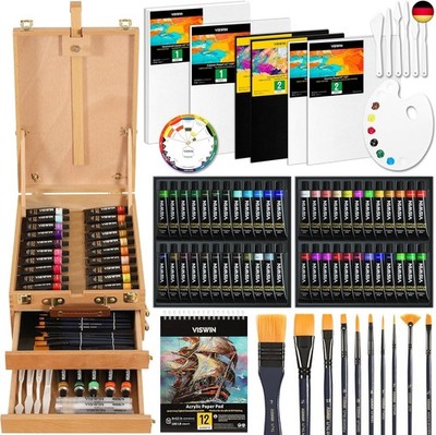 VISWIN Deluxe Acrylfarben Set mit Tischstaffelei-Malkasten, 74-teiliges