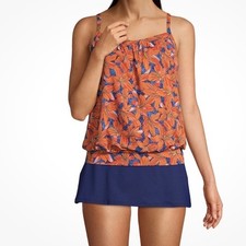 New Lands' End Women's Blouson Tankini Swim Top 522618 Deep Sea Navy Lily Floral