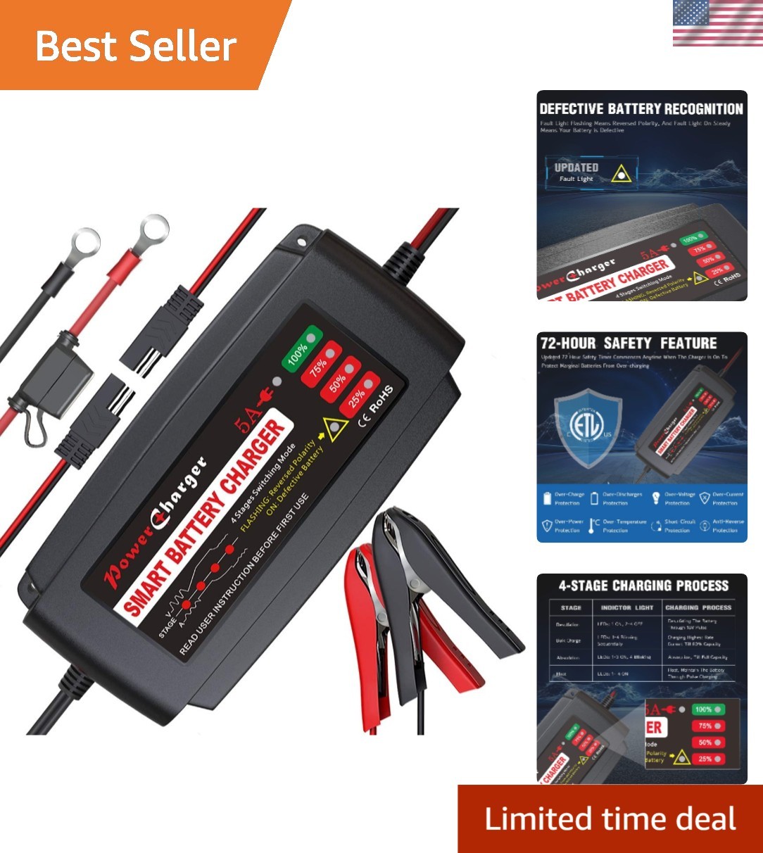 Smart 4-Stage 12V 5A Fast Battery Charger for Marine & Auto