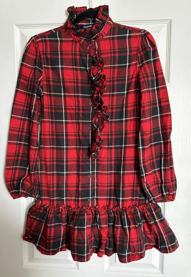 Nuevo con etiquetas Vestido Ralph Lauren Rojo Negro Cuadros Volantes Franela Navidad Vacaciones Talla 16 Foto 2 de 4