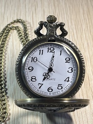Eagle Pocket Watch Quartz Bronze Tone Open Face w/ Chain Raised Eagle Design W13