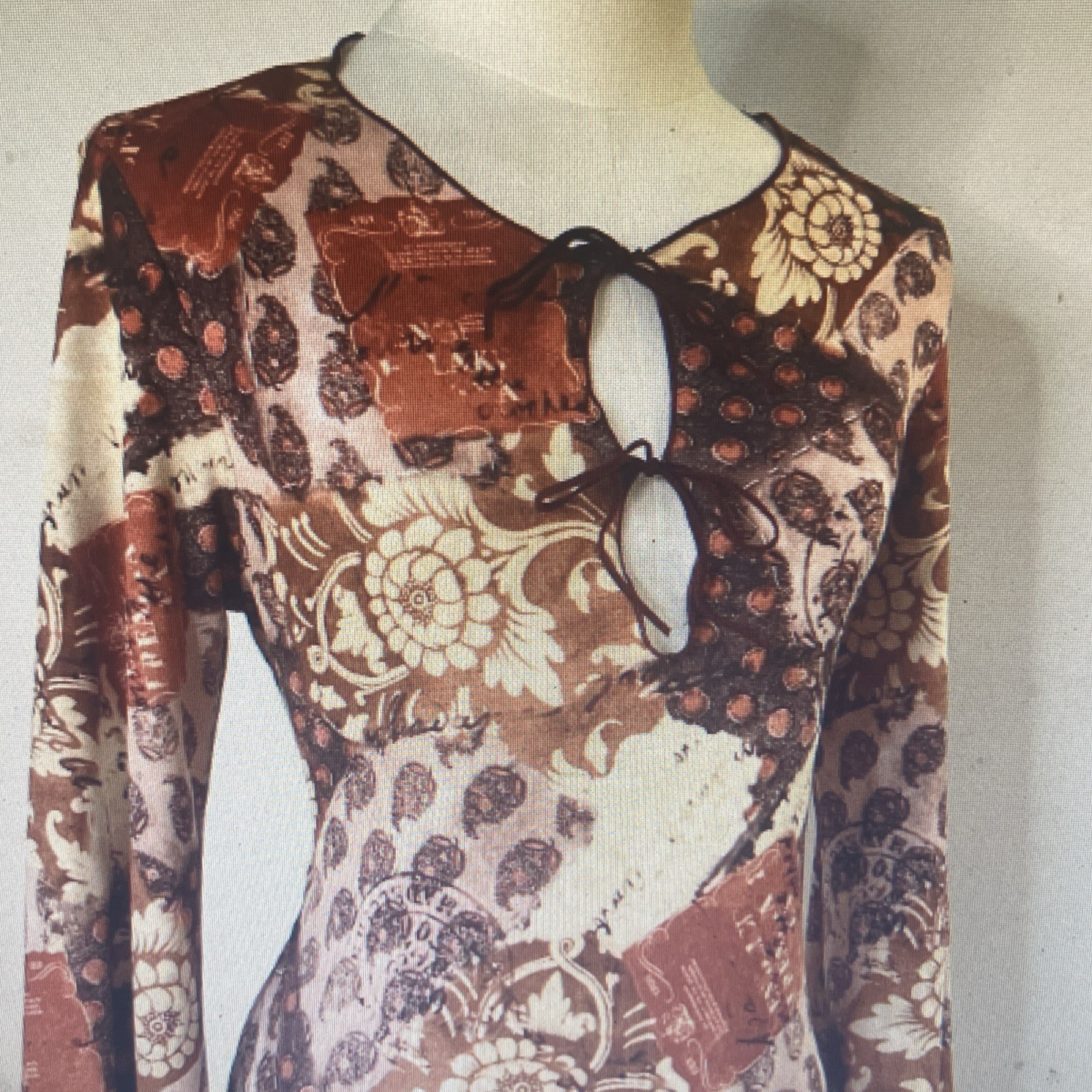 Brown Beige Floral Patchwork Boho Bell Sleeve Key… - image 4