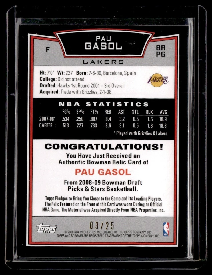 Reliquia Bowman Orange Pau Gasol 2008-09 25/03 Los Angeles Lakers #BR-PG Foto 2 de 2