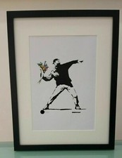 Banksy Flower Thrower print of 150 emb. stamp + certificate + frame – Dismaland
