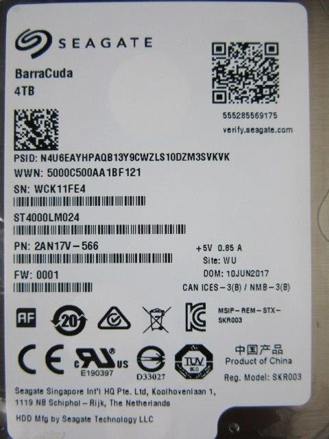 Seagate 4TB 14mm ST4000LM024 2AN17V-566 0001 2.5" HDD June 2017 China WU WCK - Image 2 of 4