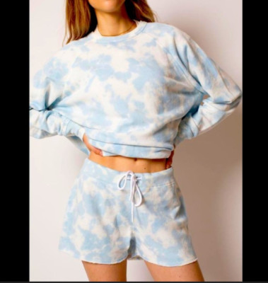 LEALLO ~ New! Larger XS ~ CELESTE BLUE Cloud Tie Dye TERRY LINED Pullover Shirt