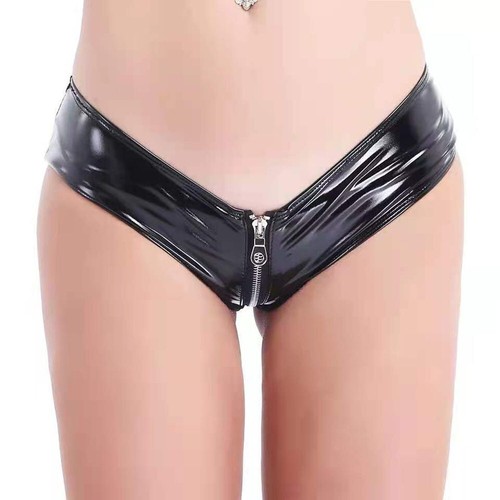 Womens Zipper Crotch Boxer Panties Briefs PVC Leather Micro Shorts Underwear - Picture 10 of 18