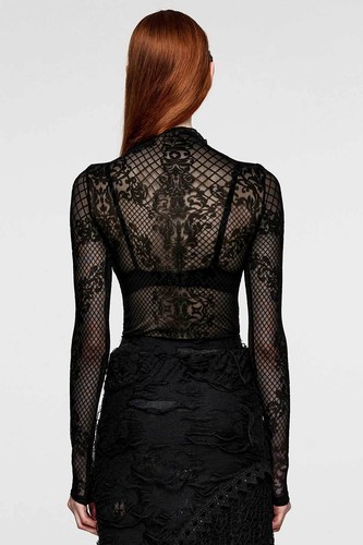 PUNK RAVE Victorian Mesh Top Langarm-Netz-Shirt Transparent Schwarz EDEL GOTHIC - Picture 7 of 9