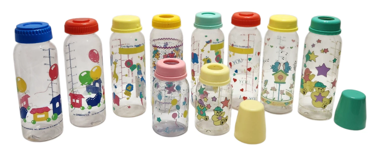 Lot of 10 Vintage 80s & 90s Plastic Decorated Baby Bottles Various Prints Colors