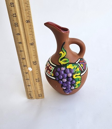 Vintage Nice Small Georgian Hand Painted Craft Pottery Jug Flag Grapes Pitcher - Picture 5 of 5