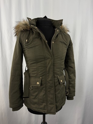 Womens Miss Selfridges Coat parka Petite Faux Fur Hooded Green Cotton Size 8 - Picture 7 of 22