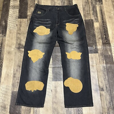 Vintage UNK NBA Y2K Wheat Logo Black Washed Denim Jeans 40x34