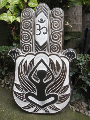 Wood Carved Hamsa Hand Yoga Wall Decor Art x 60cm - Picture 6 of 9