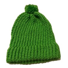 Youth Pre-Teen Beanie Knit Hat Winter Stocking Cap Handmade Green With Pom Pom