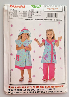 Burda Sewing Pattern 9706 Girls Toddler Dress, Pants, & Hat Size 3-8 UNCUT