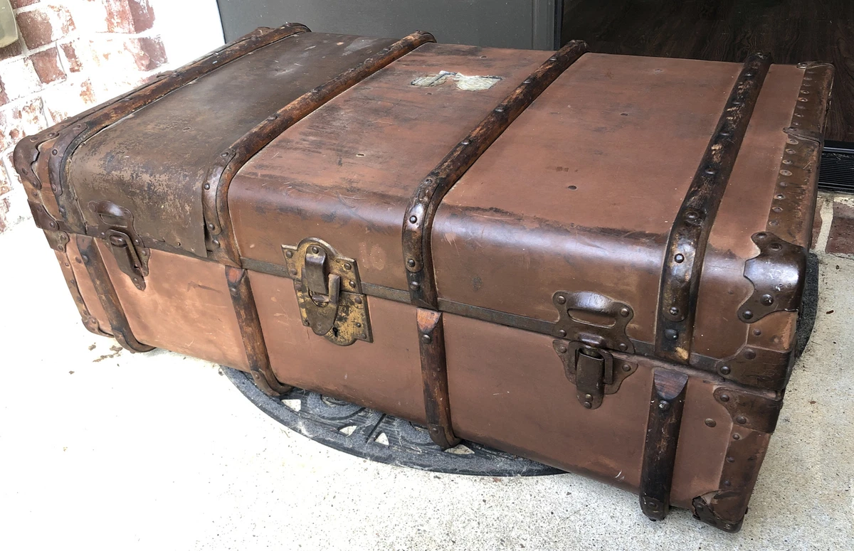 Antique Large Leather Suitcase Steamer Trunk Brown Luggage 