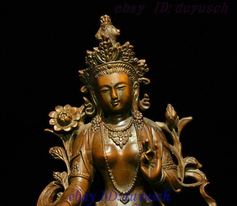 Antiguo Tíbet Budismo Madera de Boj Tallada Verde Tara Diosa GuanYin Buda Estatua Foto 2 de 4