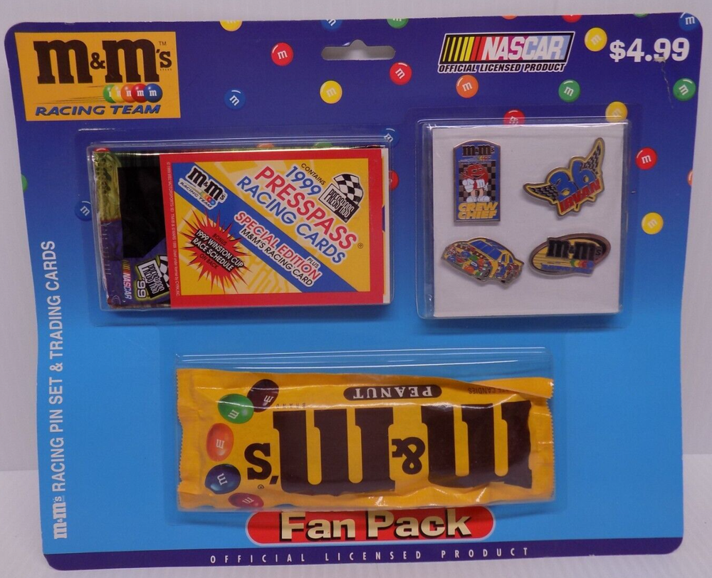 Vintage NASCAR 1999 M&M Collector Metal Racing Pins &Trading Card Set Fan Pack