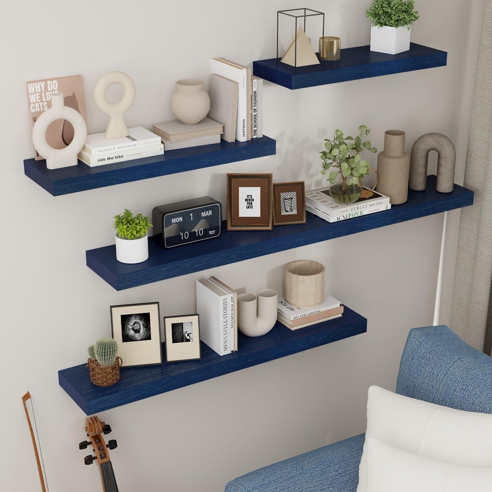 Blue Floating Shelves for Wall, Solid Wood Floating Wall Mounted
