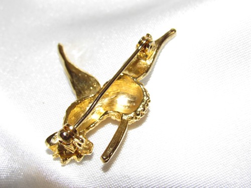 Vintage Hummingbird Brooch Pin Gold Tone Green Enamel Rhinestone Eye - Picture 4 of 5