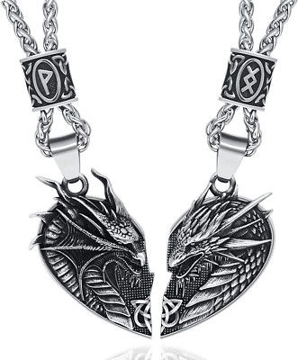 Matching Dragon Necklace Couples Viking Heart Necklace Jewelry for Men Women wit